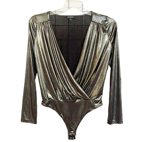 Express Silver Metallic Thong Deep Wrap V-Neck Long Sleeve Bodysuit Small - Picture 1 of 6